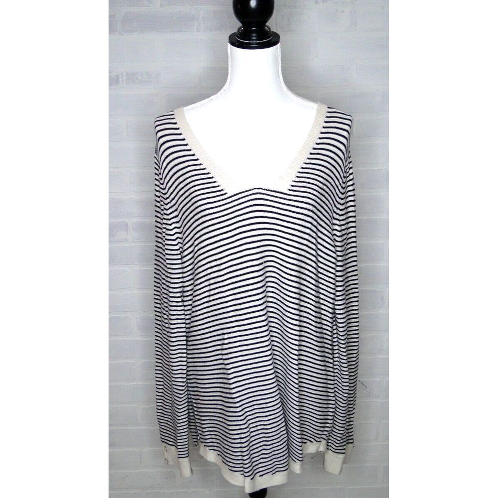 Talbots Womens X1 Black And White Striped V Neck Sweater